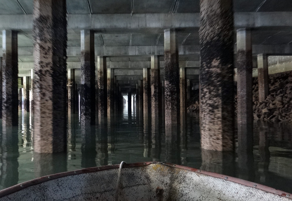 The Port Biologist inspects outfalls under a port pier.
